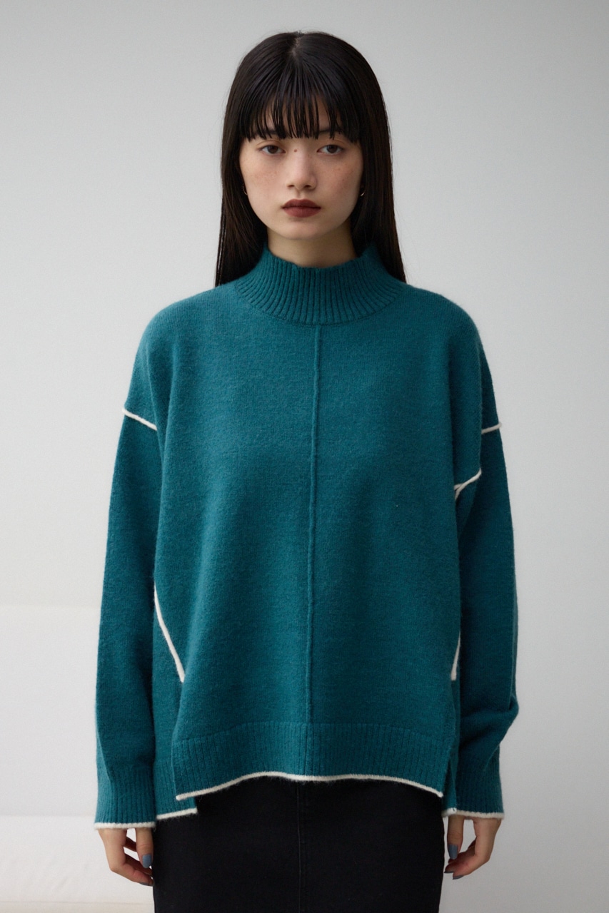 ハイネック配色ニットプルオーバー D/BLU FREE