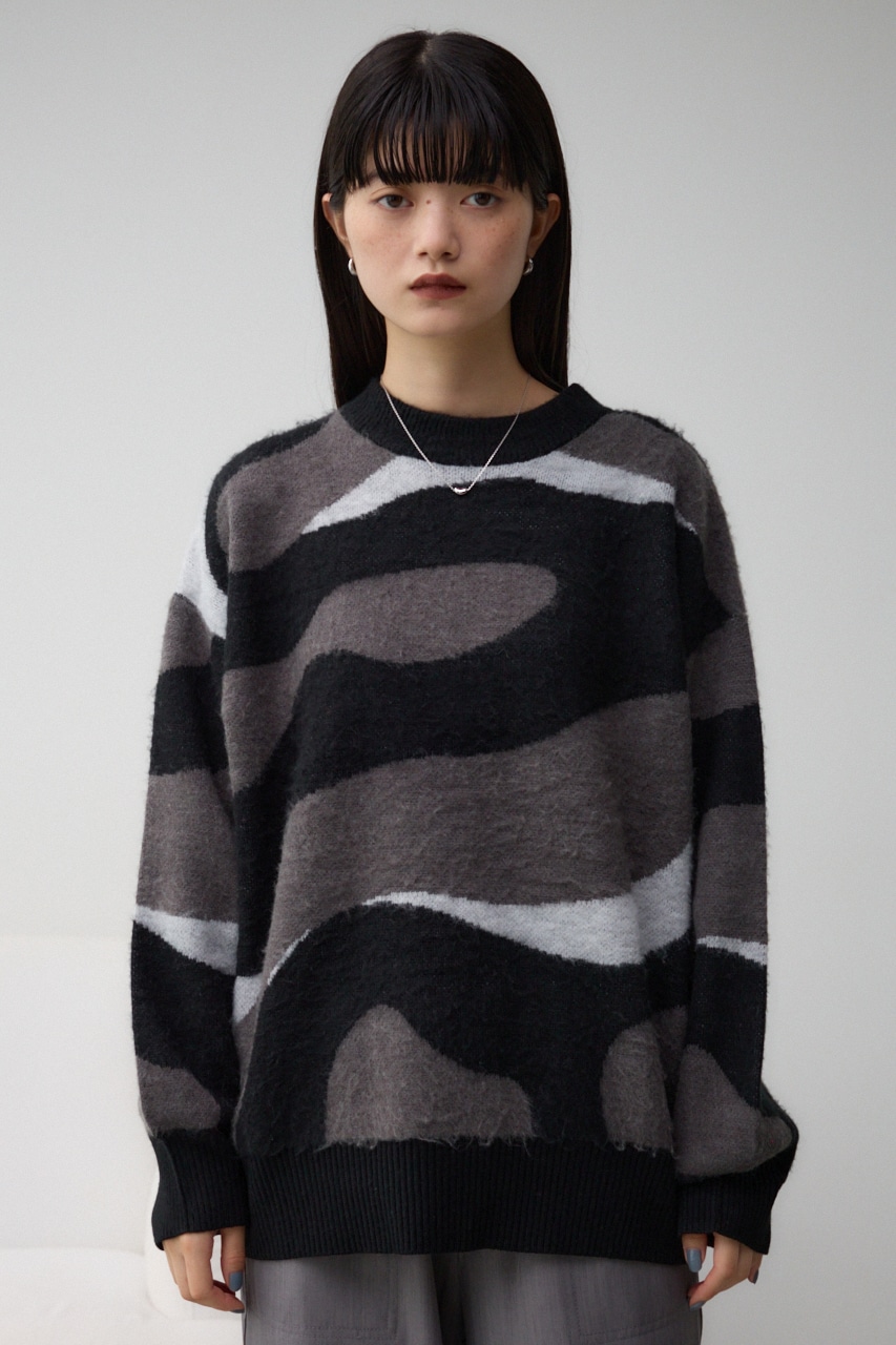 マーブルジャガードニットトップス 柄BLK FREE