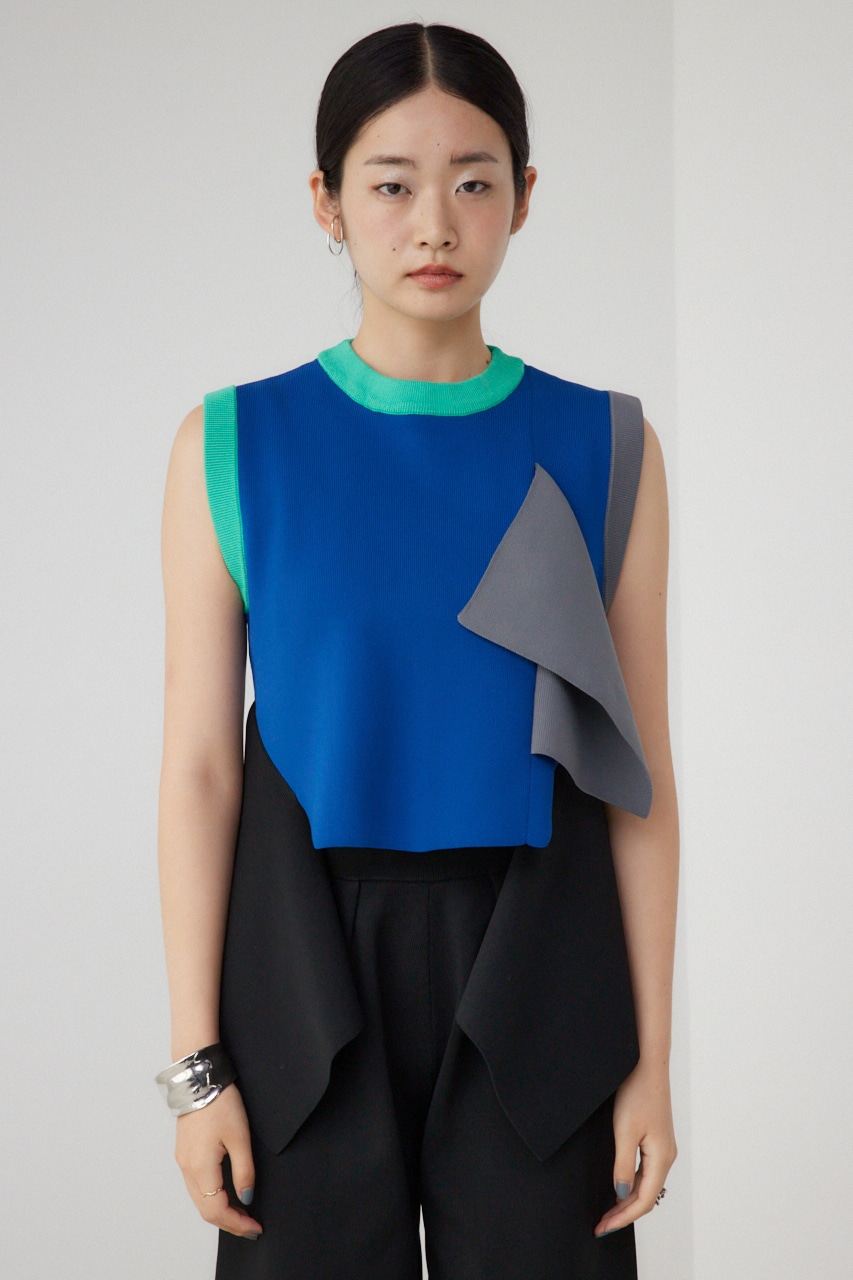 【PLUS】アシンメトリーヘムニットベスト 柄BLU FREE