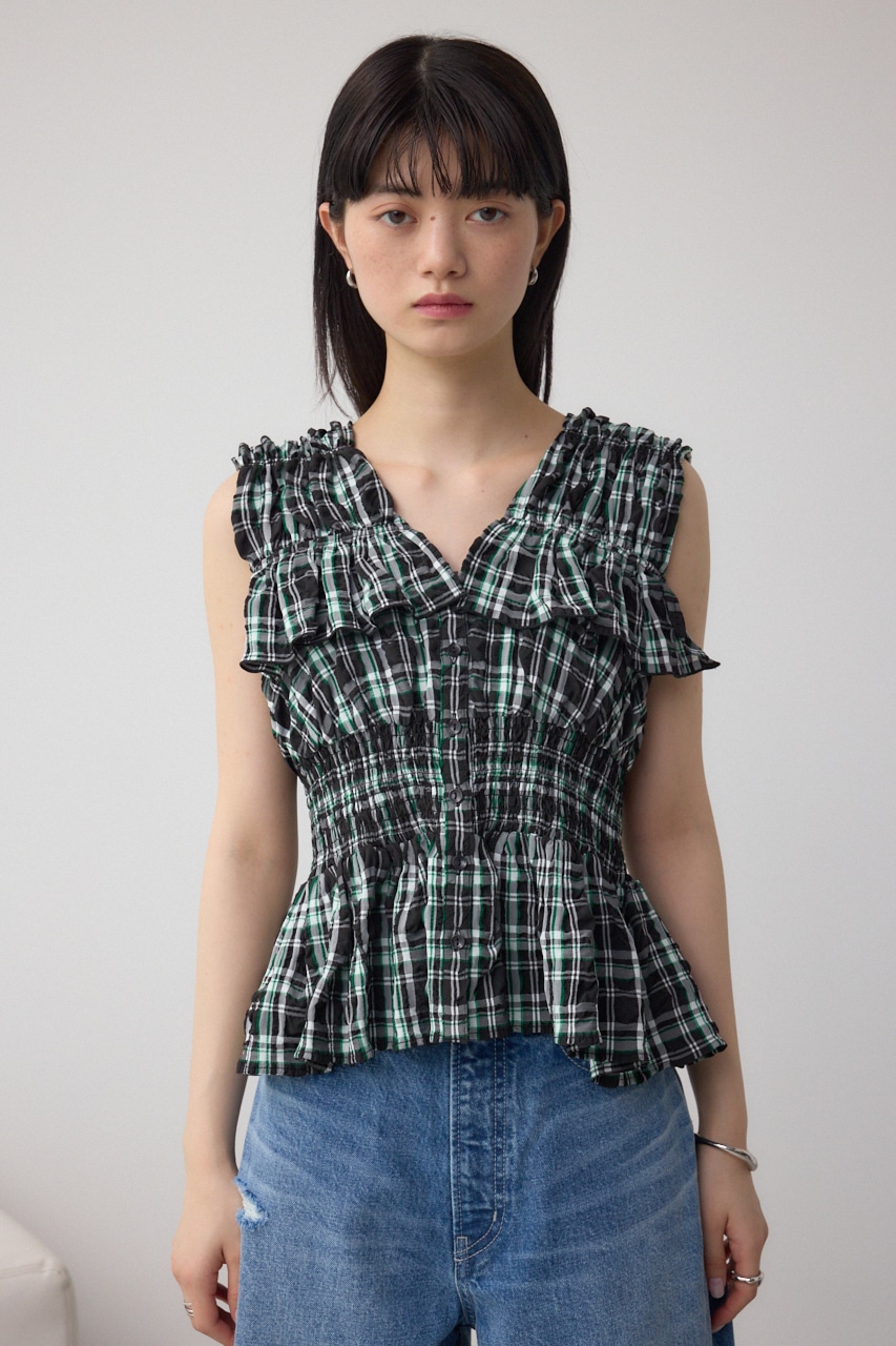 チェックシャーリングペプラムブラウス 柄BLK FREE
