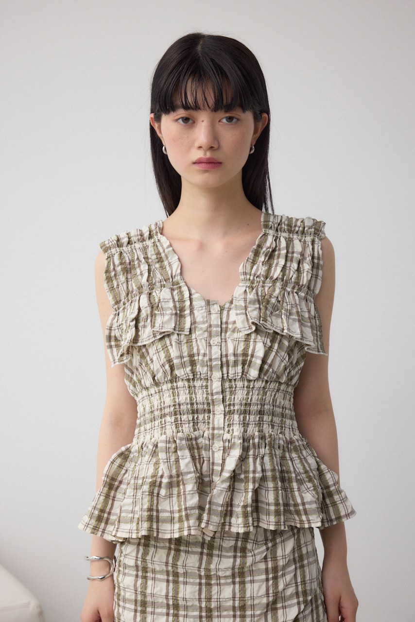 チェックシャーリングペプラムブラウス 柄WHT FREE