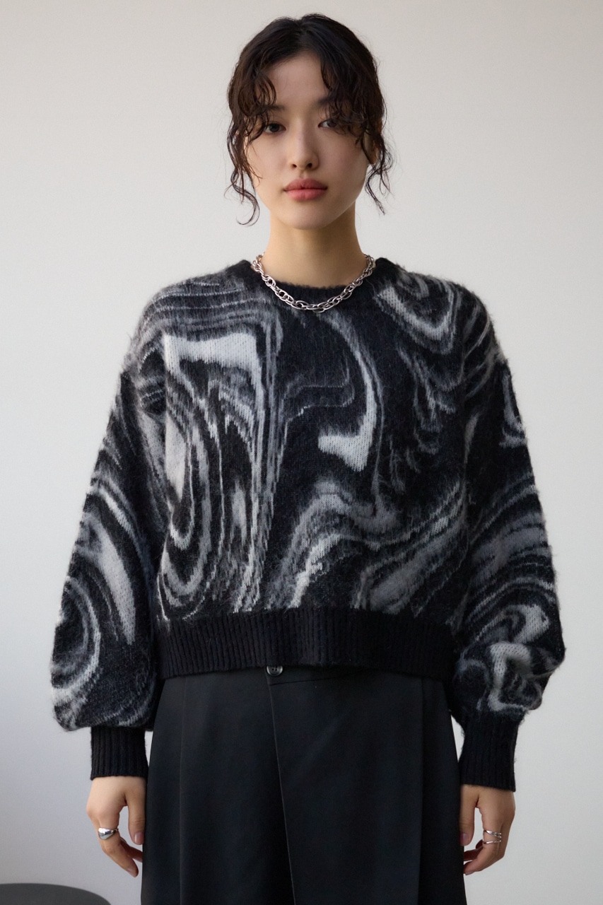 マーブルクロップドジャガードニット 柄BLK FREE