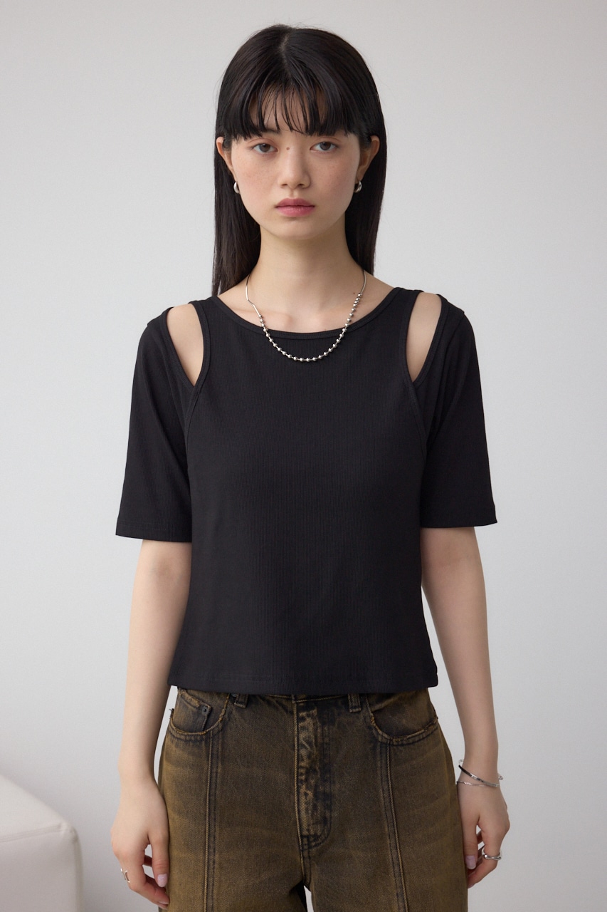 デザインネックショートTシャツ BLK FREE