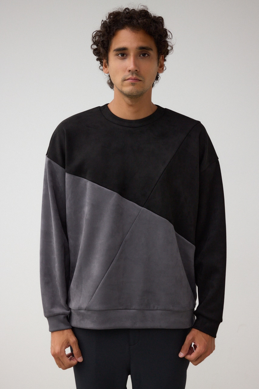 フェイクスウェードパネル切替トップス 柄BLK FREE