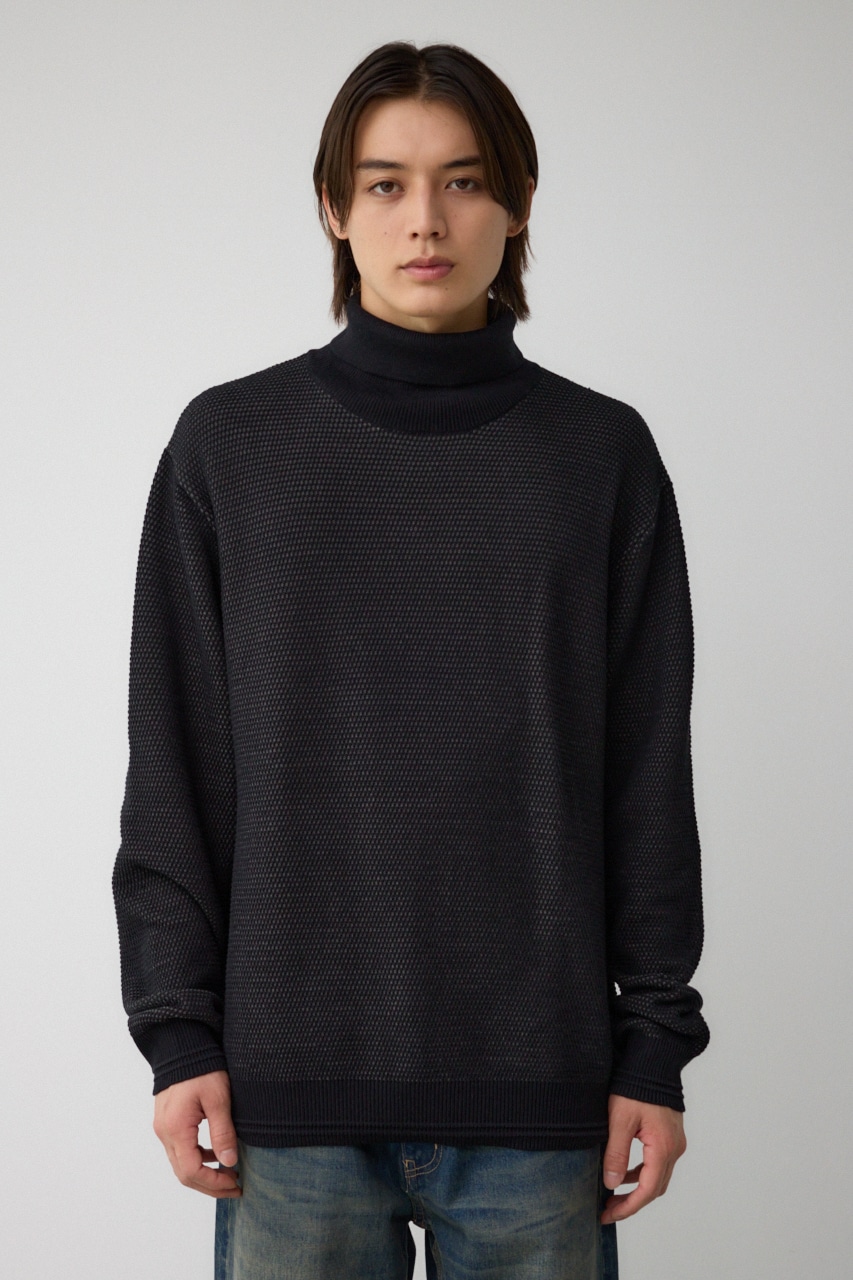 ハニカムタートルネックニット BLK L