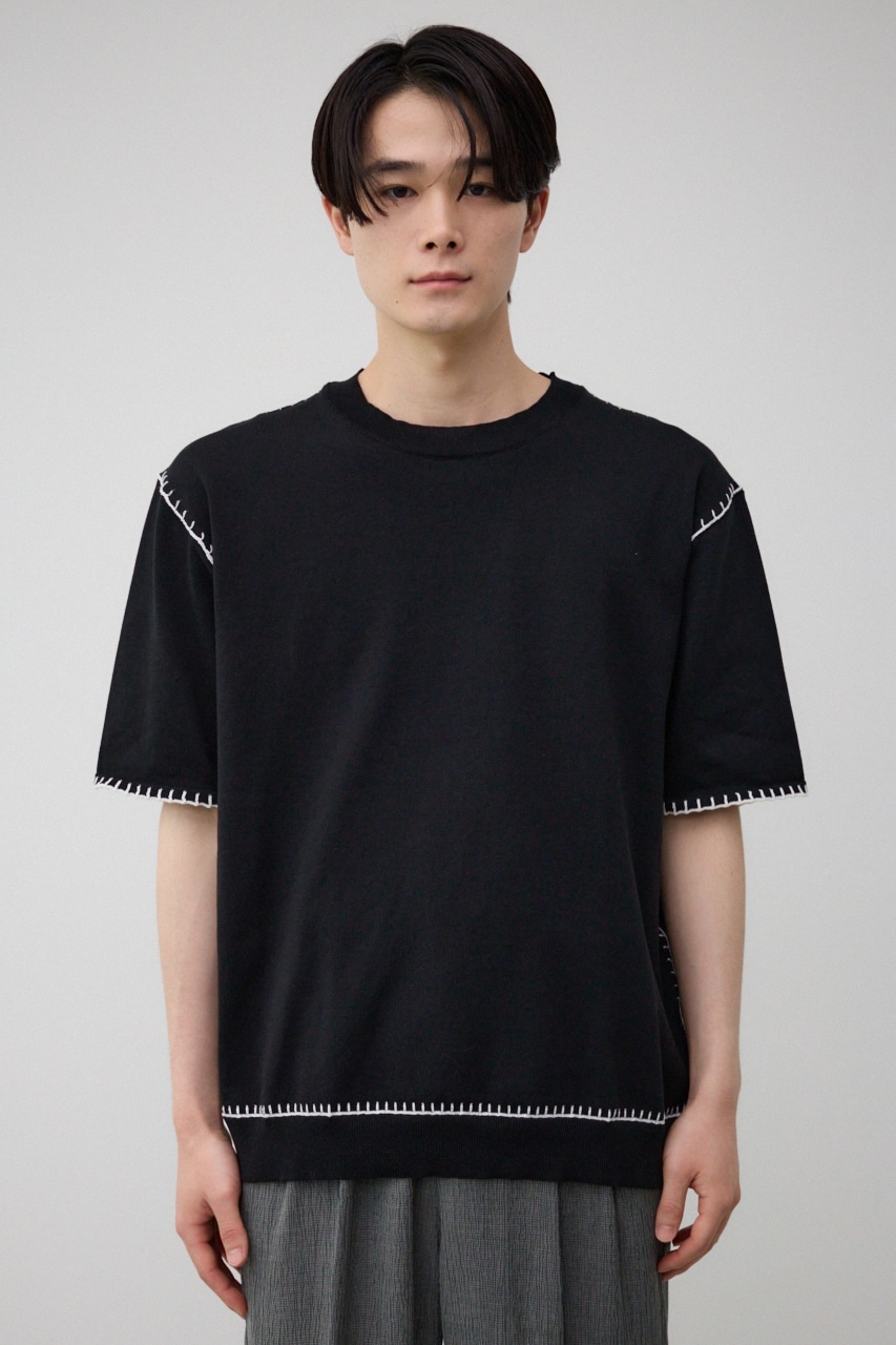 ブランケットステッチ半袖ニット BLK FREE