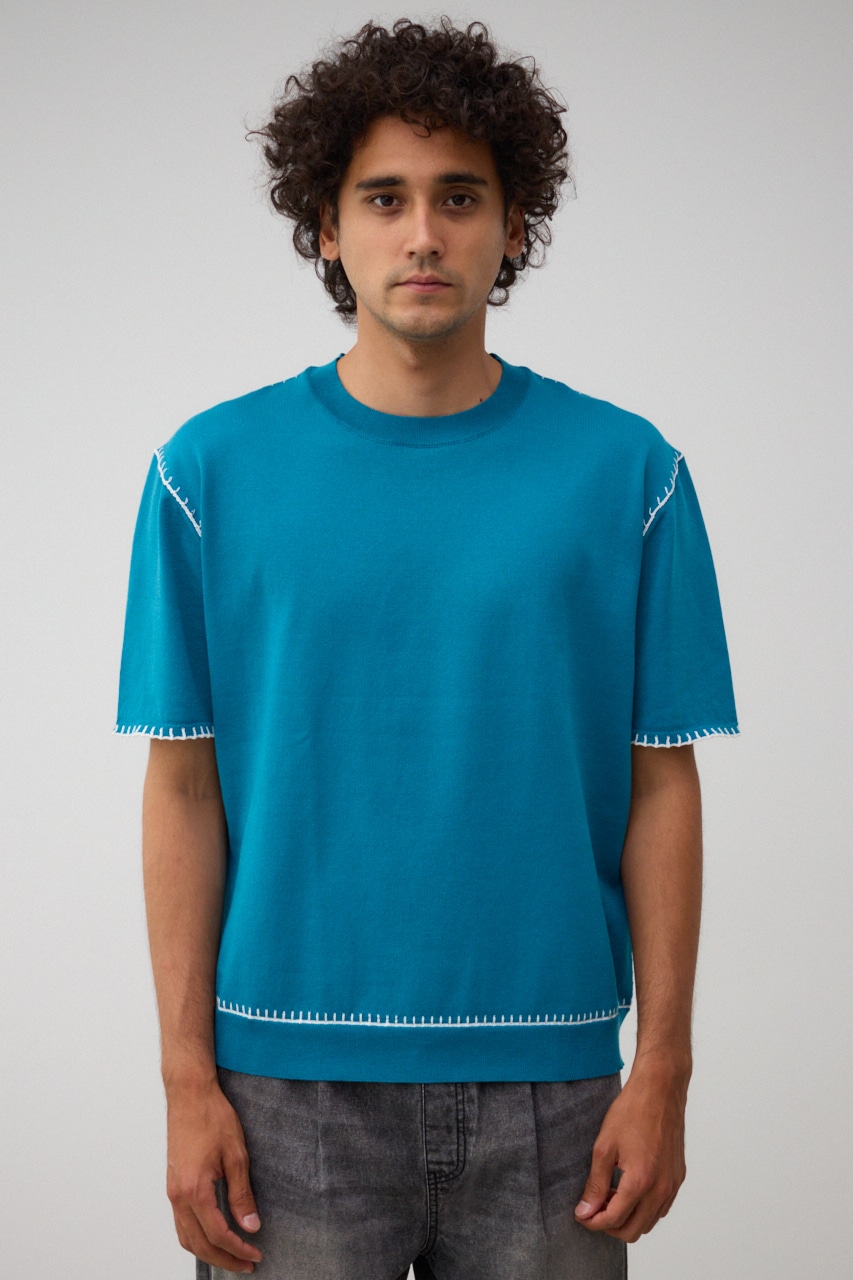 ブランケットステッチ半袖ニット BLU FREE