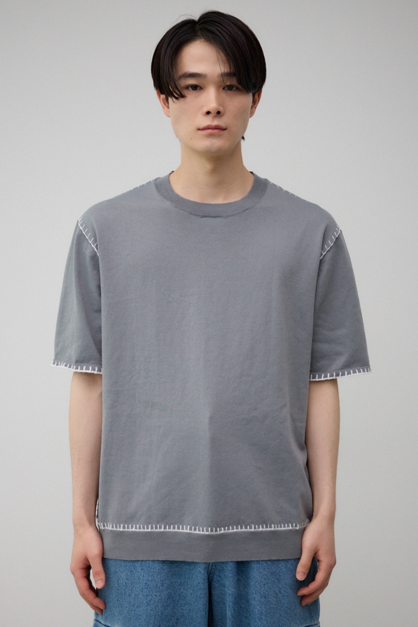 ブランケットステッチ半袖ニット L/GRY FREE