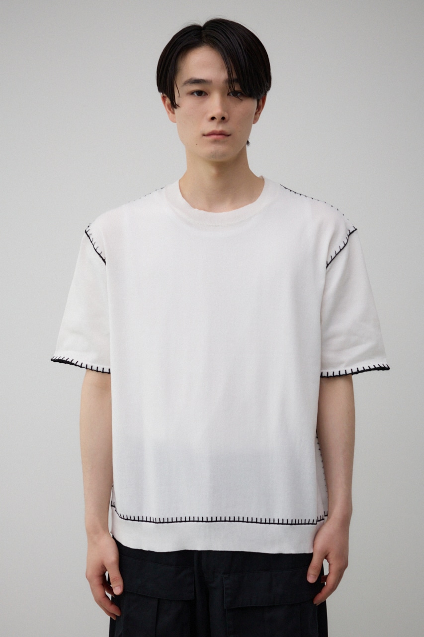 ブランケットステッチ半袖ニット O/WHT FREE