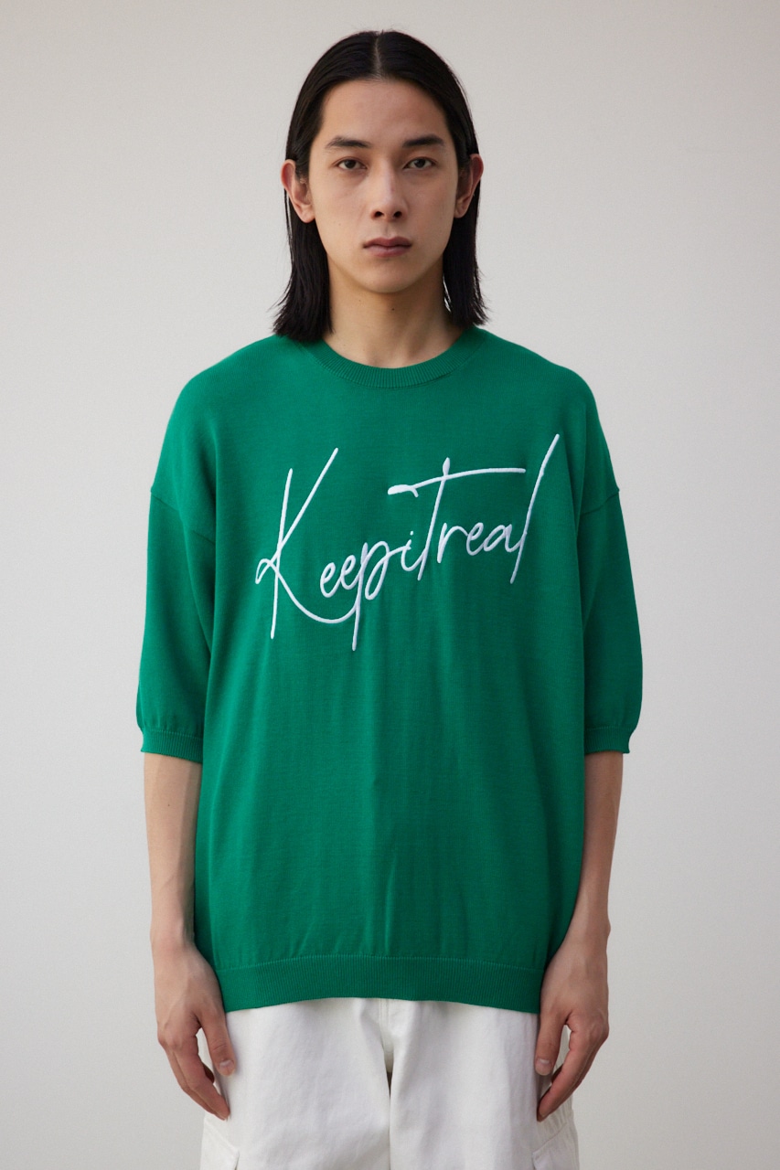 3D刺繍半袖ニットトップス GRN FREE