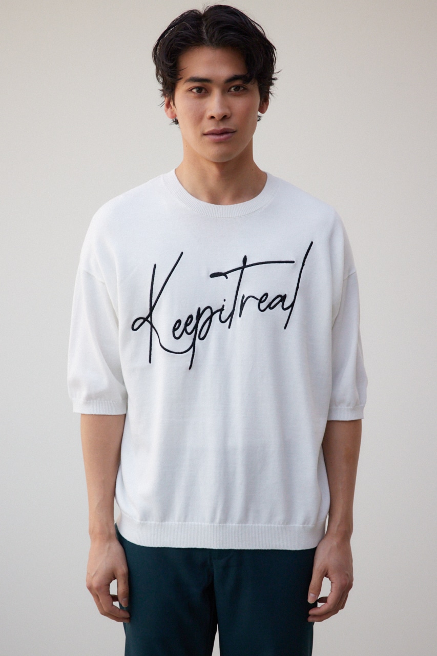 3D刺繍半袖ニットトップス WHT FREE