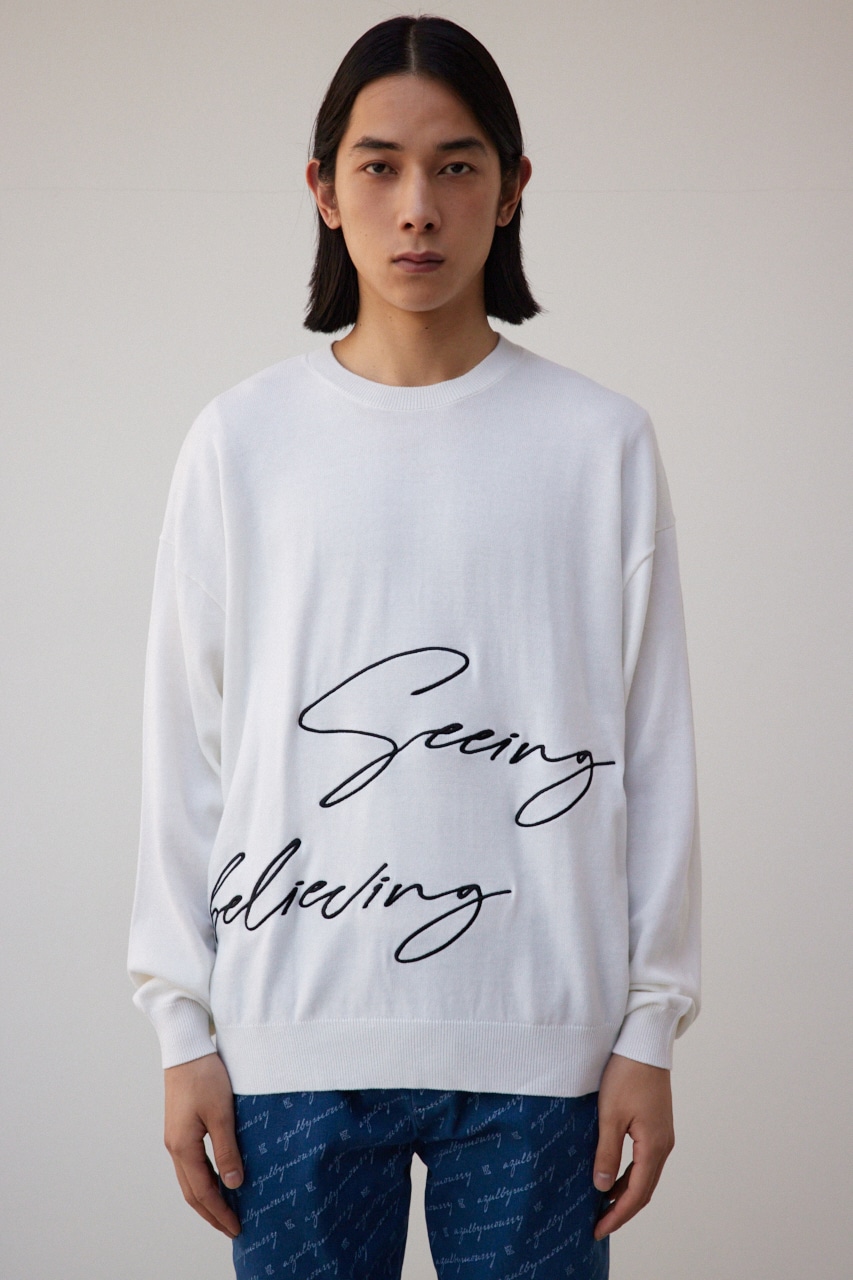 3D刺繍長袖ニットトップス WHT FREE