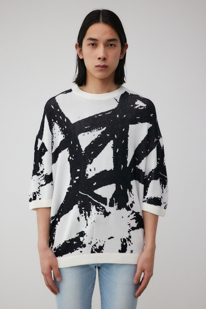 アブストラクトオーバーサイズニット 柄WHT FREE