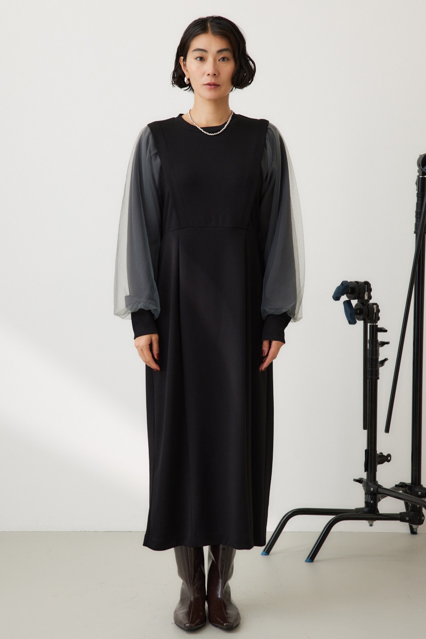 チュールスリーブドッキングワンピース BLK FREE