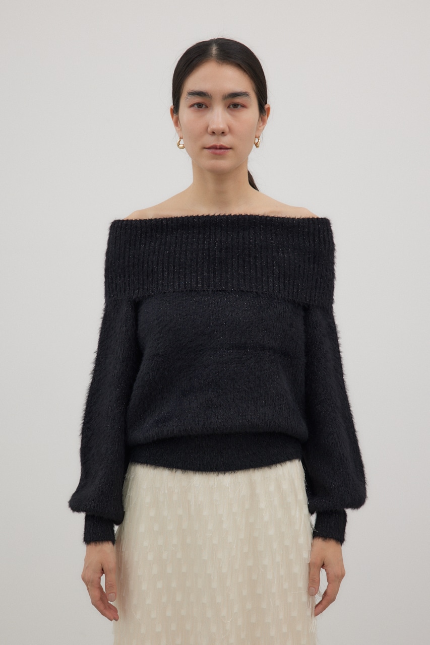 オフショルダーシャギーラメニット BLK FREE