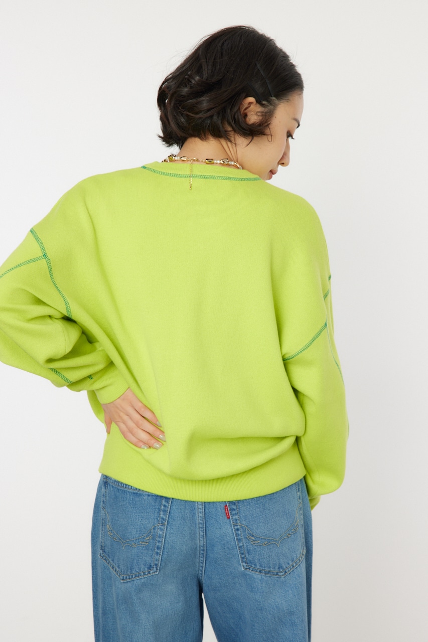 スウェットライクカラーステッチニットトップス LIME FREE