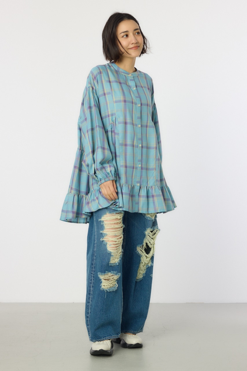 マルチチェックティアードチュニック 柄BLU FREE