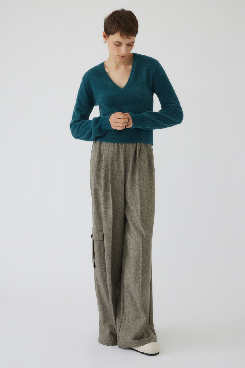 【LIMITED SALE】Shaggy v neck knit tops GRN FREE