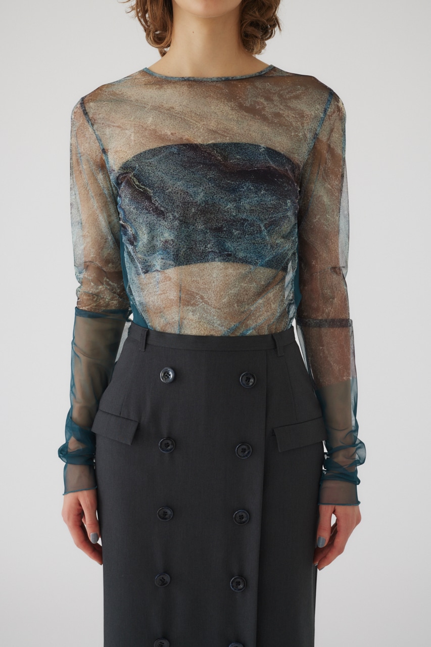 Photograph printed tops L/BLU FREE