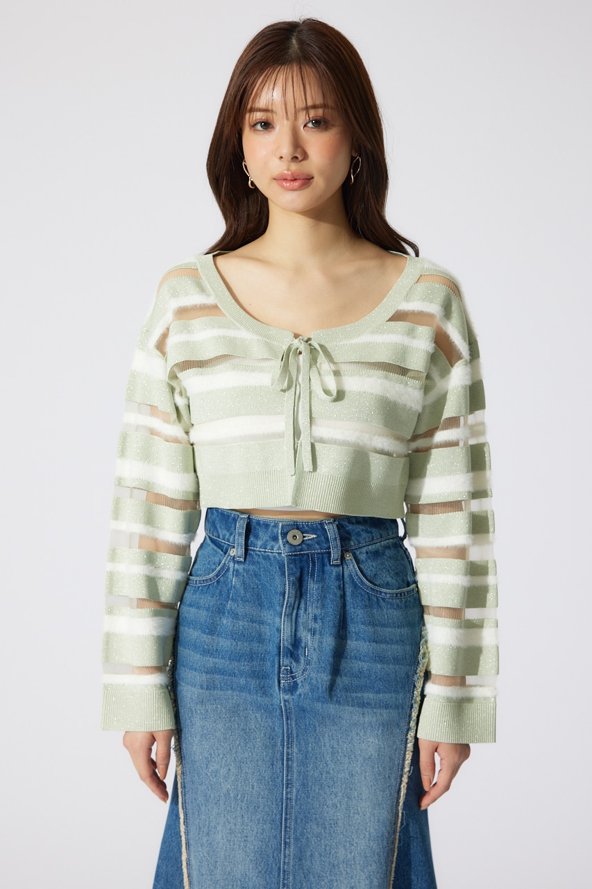 シアーボーダーニットカーディガン GRN FREE