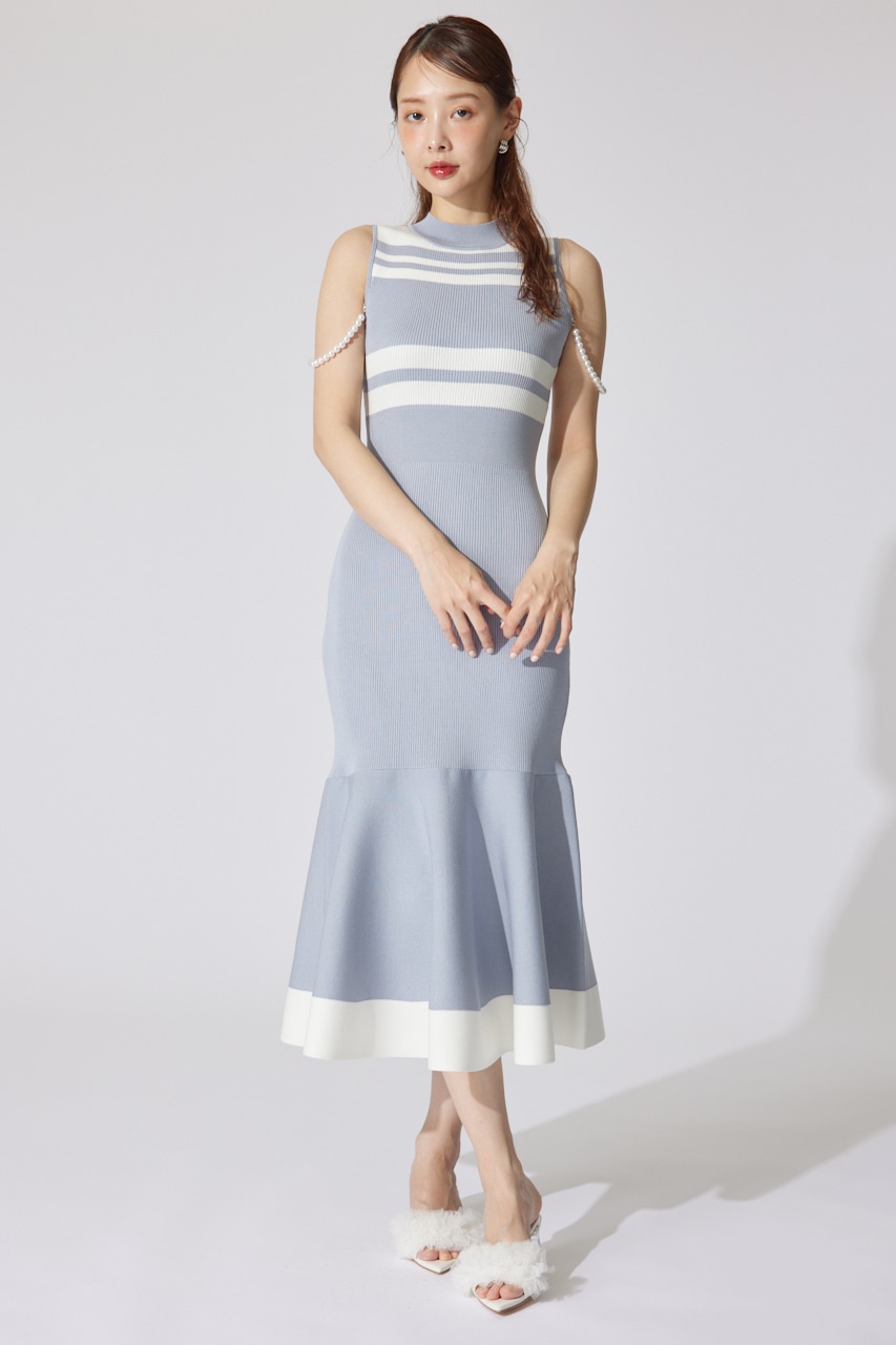 【一部店舗・WEB限定】フェイクパールショルダージャガードニットワンピース BLU FREE
