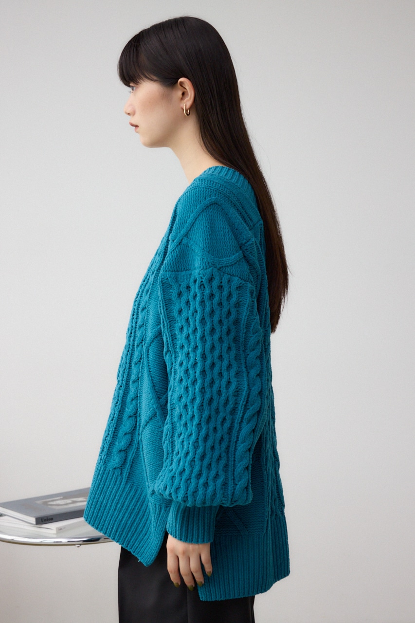 シェニールケーブルVネックロングニットトップス D/GRN S