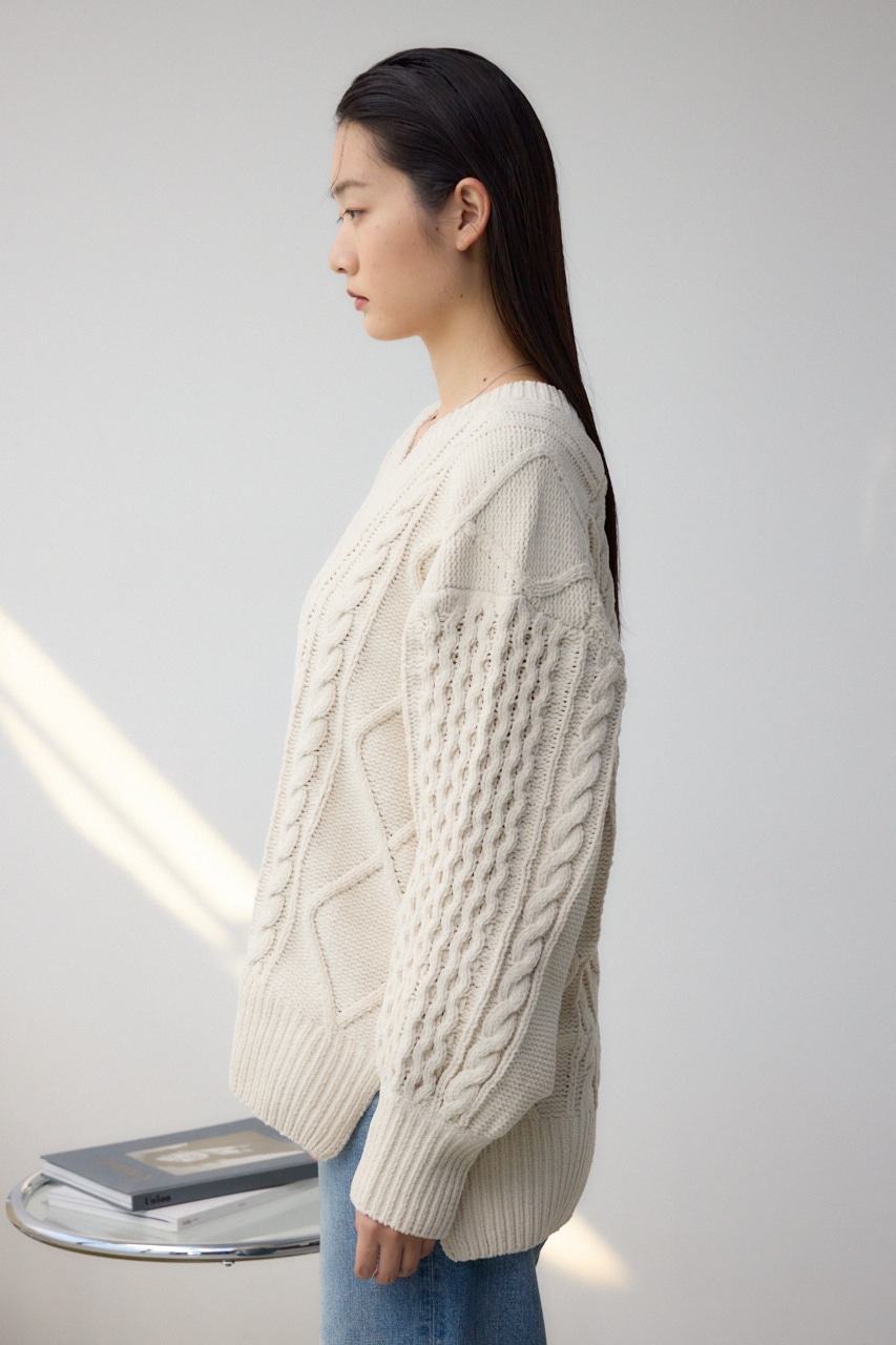 シェニールケーブルVネックロングニットトップス IVOY S