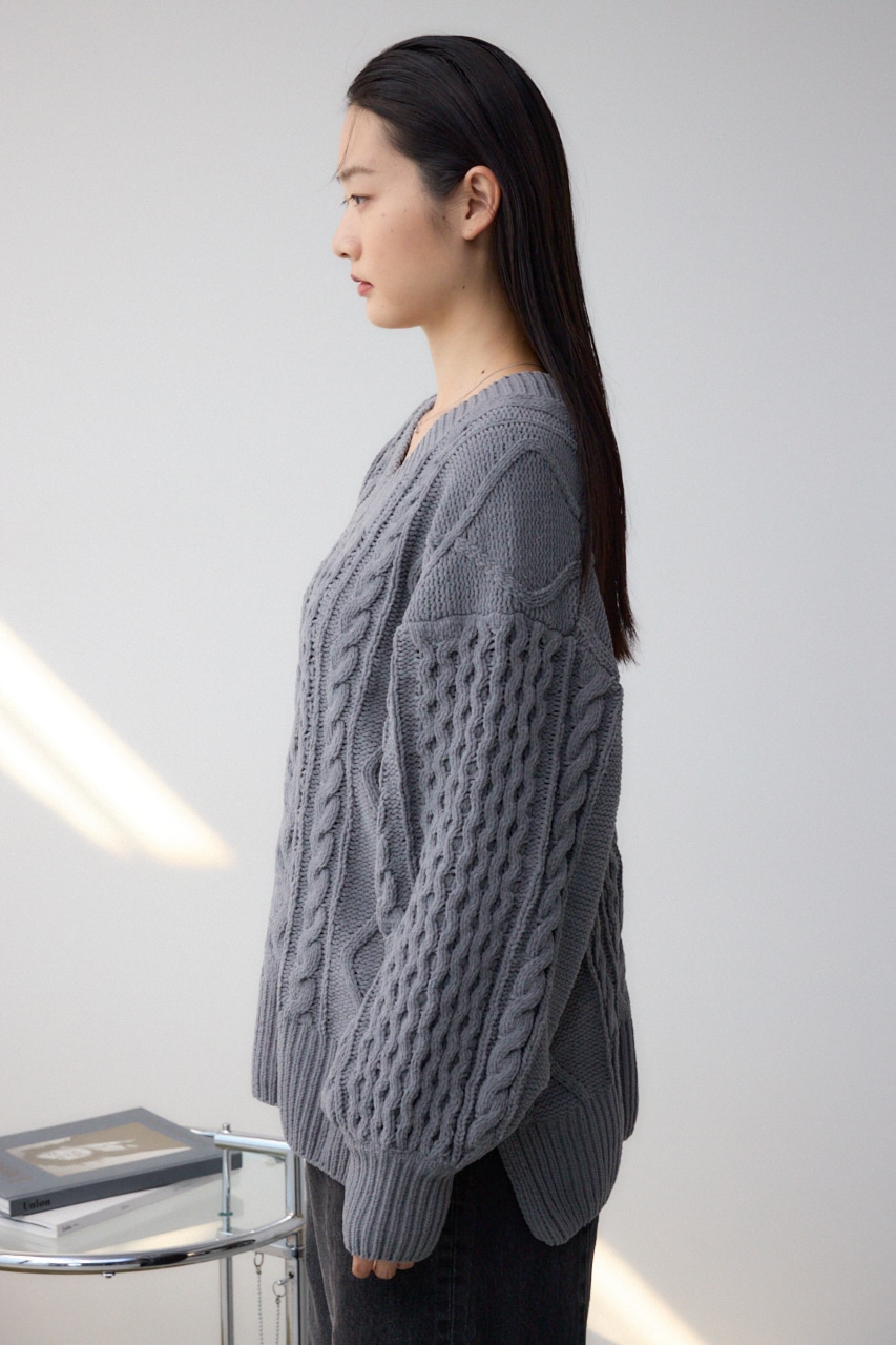 シェニールケーブルVネックロングニットトップス L/GRY M