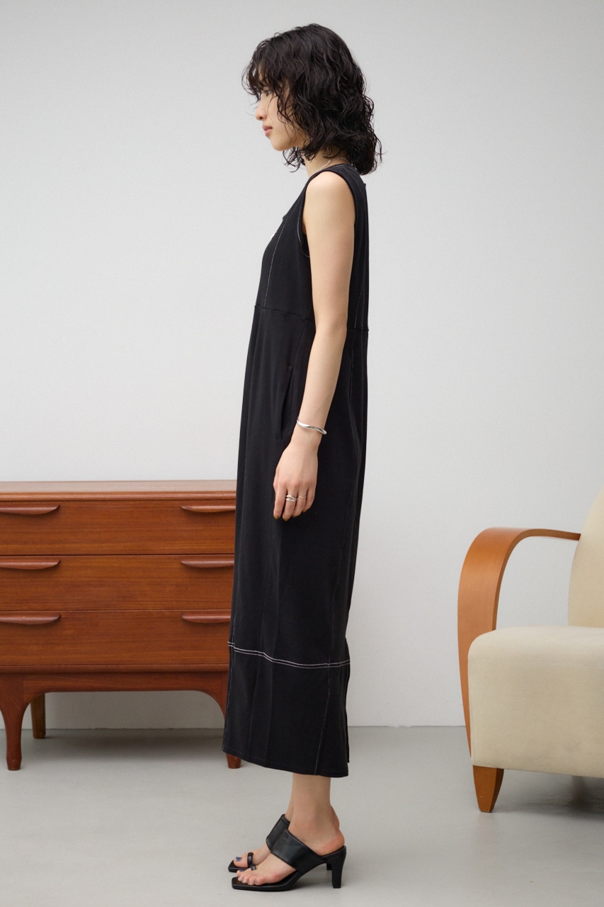 ステッチデザインコクーンカットワンピース BLK S