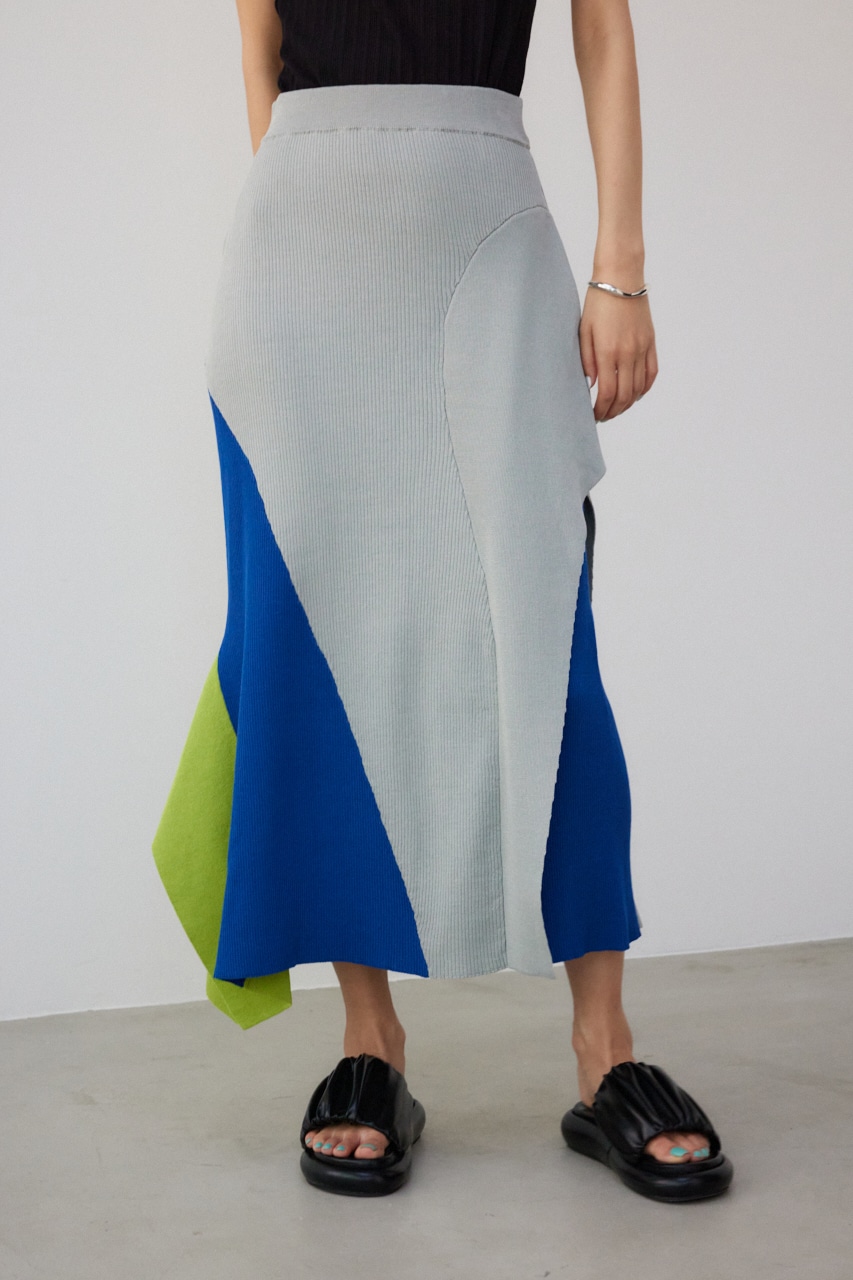 【PLUS】タックドレープニットスカート 柄BLU M