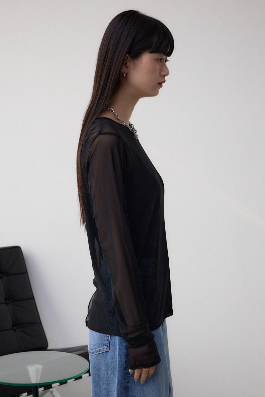 バックスリットシアーロングトップス BLK FREE