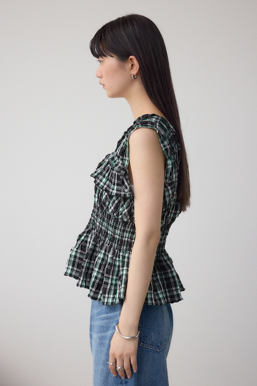 チェックシャーリングペプラムブラウス 柄BLK FREE
