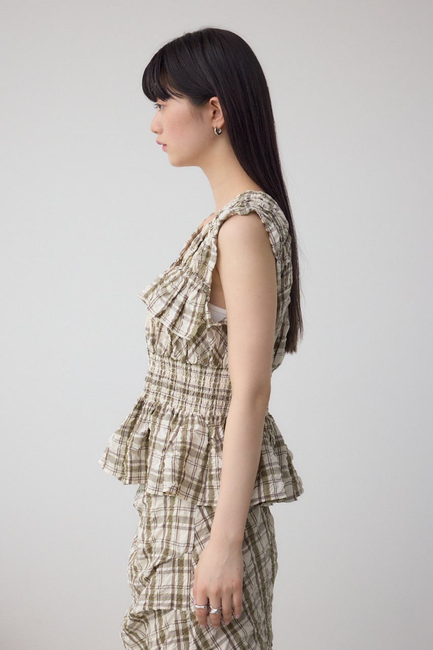 チェックシャーリングペプラムブラウス 柄WHT FREE