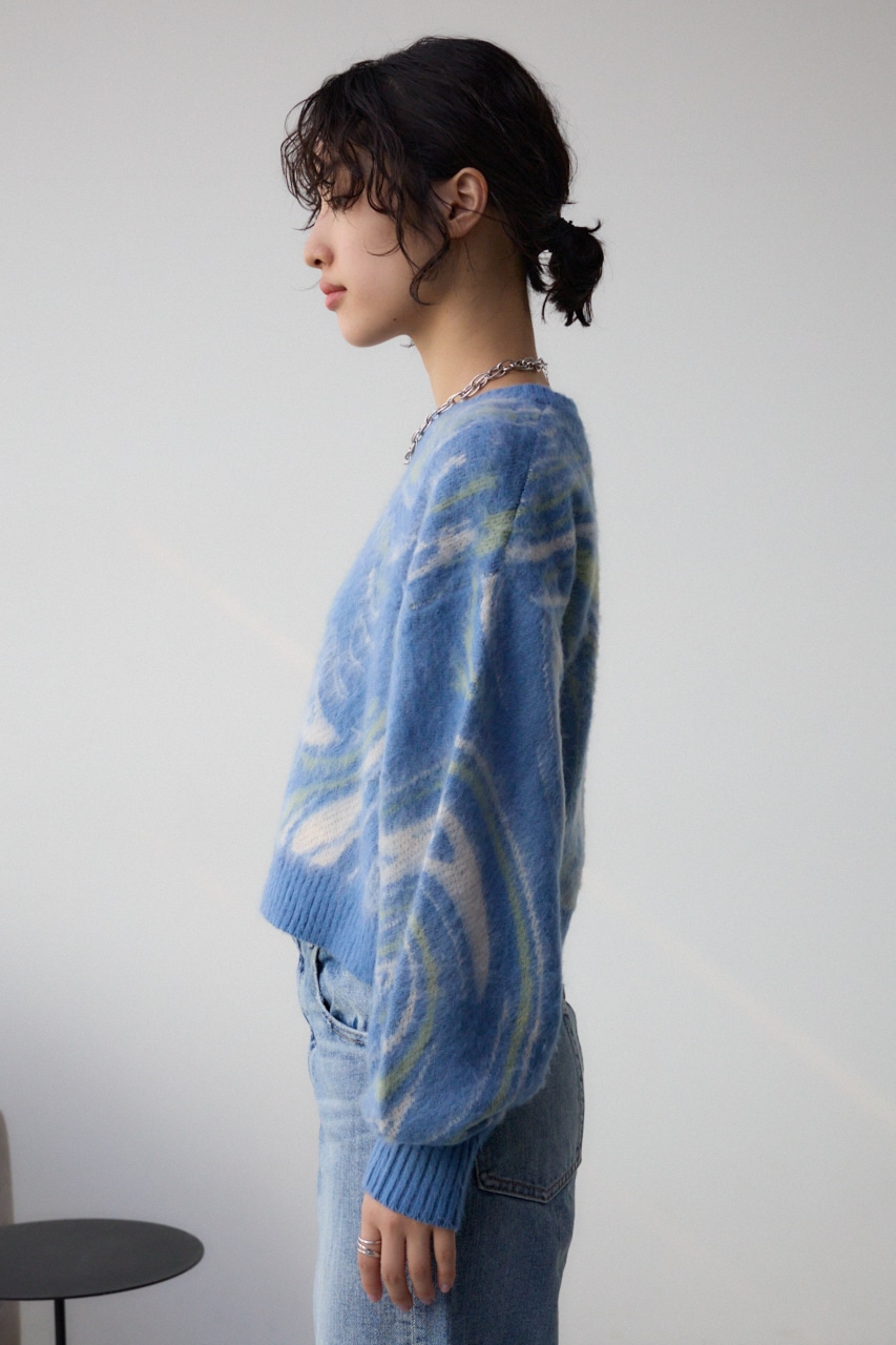 マーブルクロップドジャガードニット 柄BLU FREE