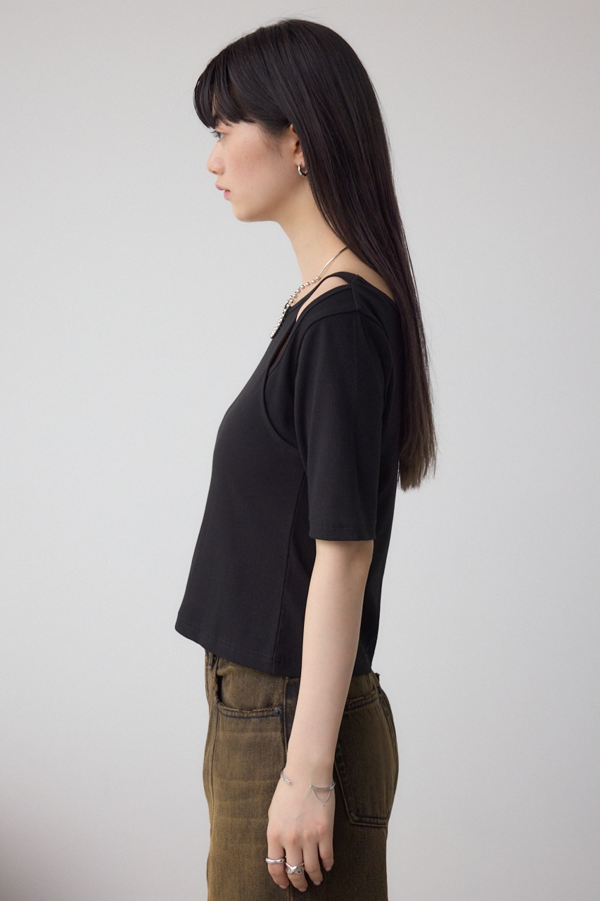 デザインネックショートTシャツ BLK FREE