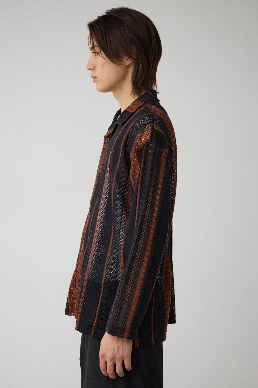 メッシュ開襟長袖シャツ 柄BLK FREE