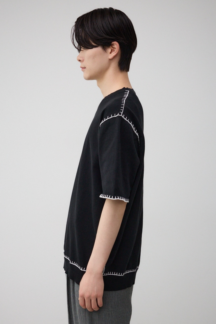 ブランケットステッチ半袖ニット BLK FREE