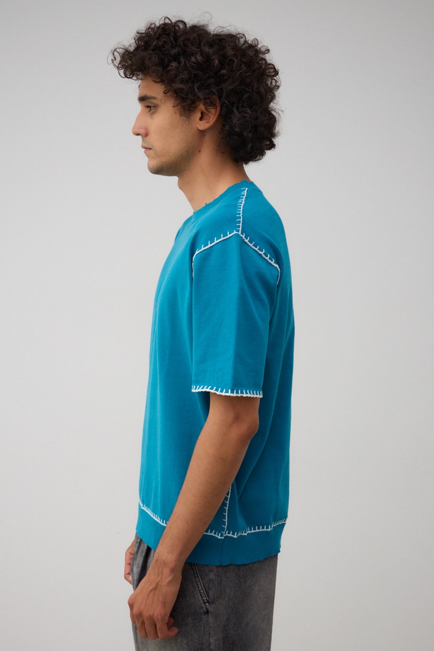 ブランケットステッチ半袖ニット BLU FREE