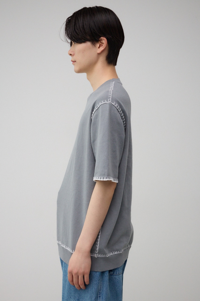 ブランケットステッチ半袖ニット L/GRY FREE
