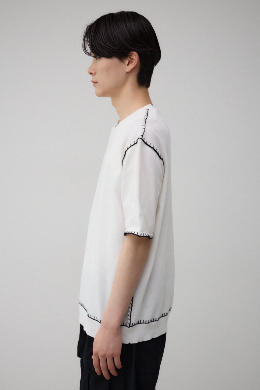 ブランケットステッチ半袖ニット O/WHT FREE