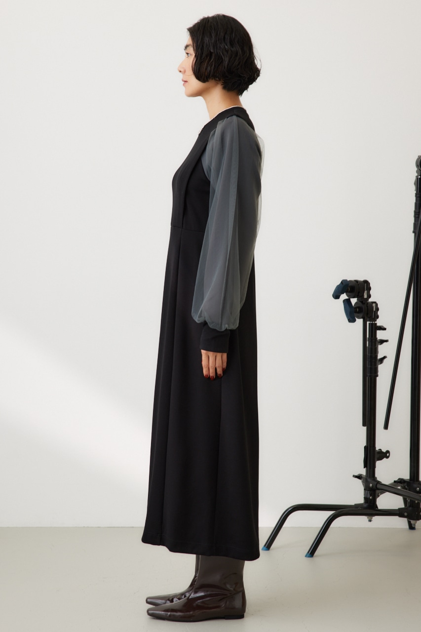 チュールスリーブドッキングワンピース BLK FREE