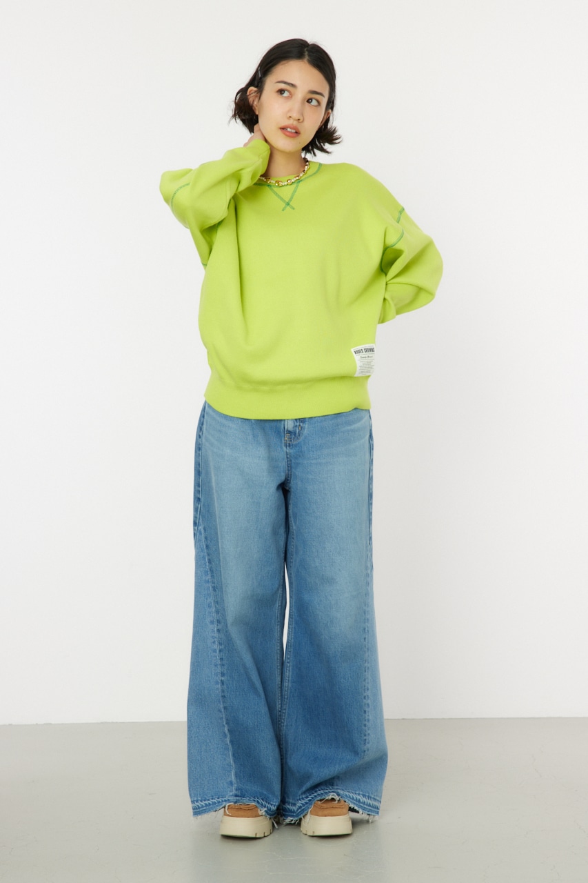 スウェットライクカラーステッチニットトップス LIME FREE
