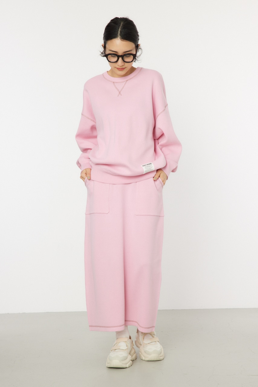 スウェットライクカラーステッチニットトップス L/PNK FREE