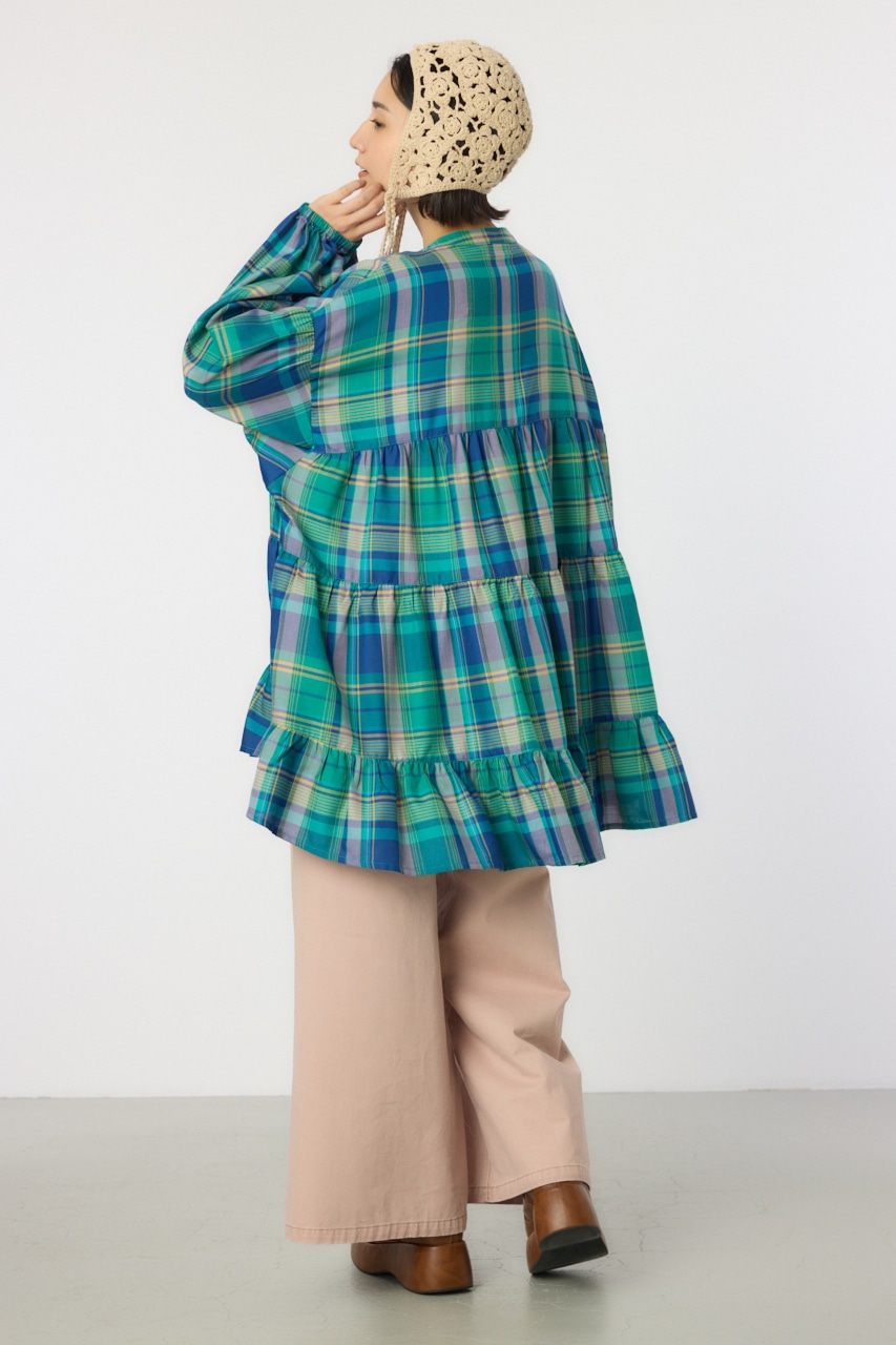 マルチチェックティアードチュニック 柄GRN FREE