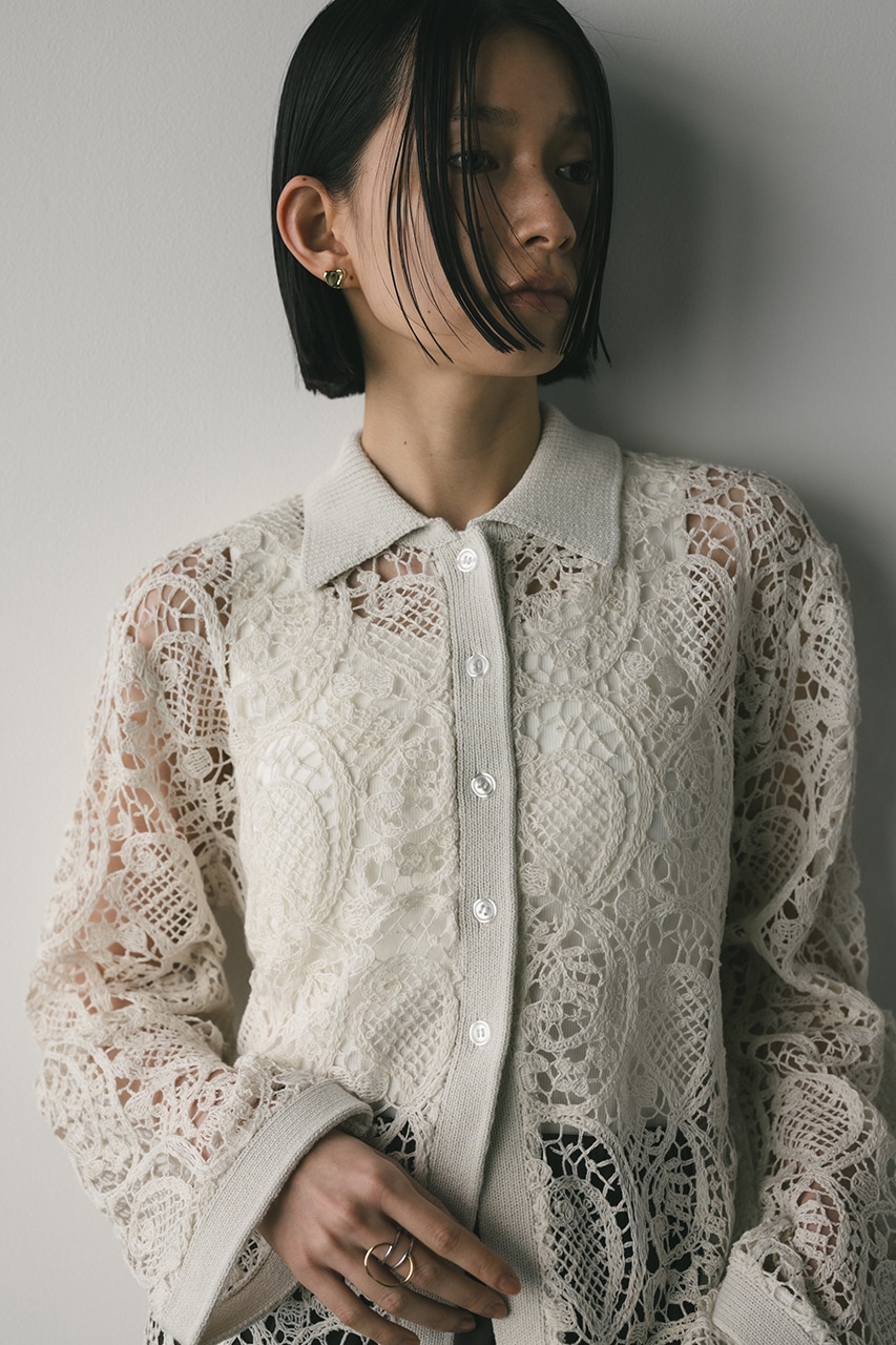 クロシェレースニットシャツ WHT FREE