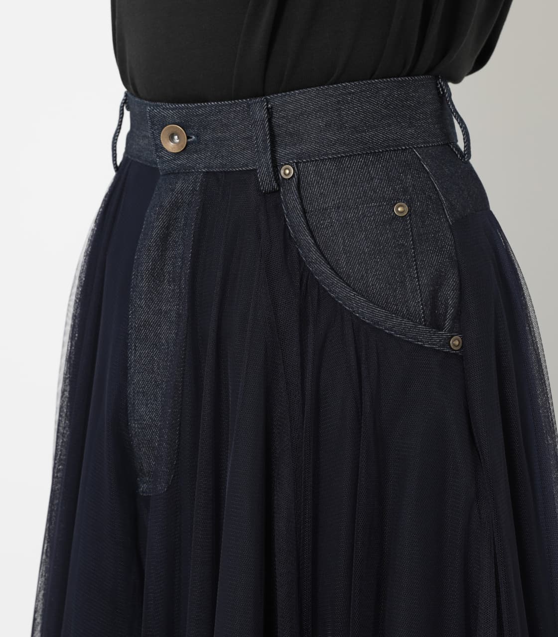 rienda | Denim Mix Tulle J／W SK (スカート(ミディアム) ) |SHEL  