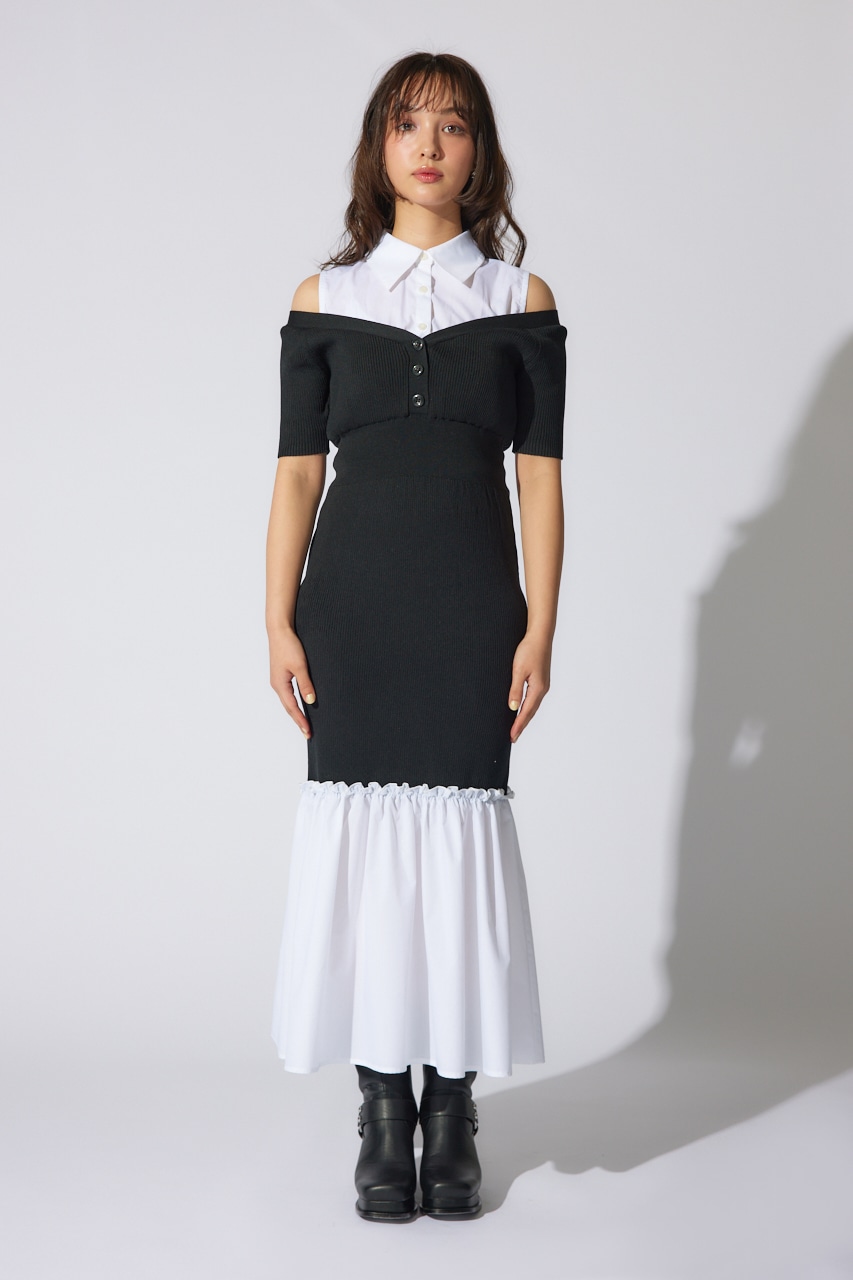 シャツレイヤードコンビマーメイドニットワンピース BLK FREE