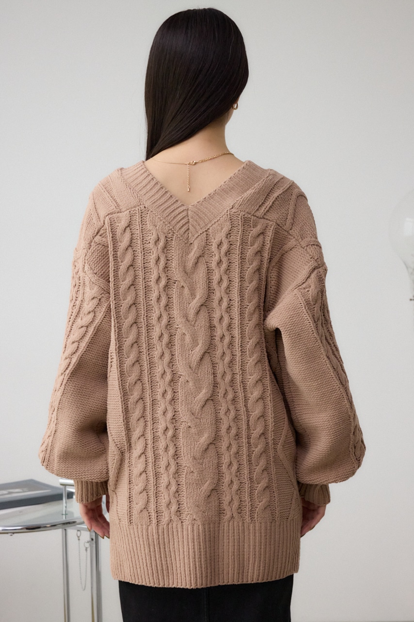 シェニールケーブルVネックロングニットトップス BEG M