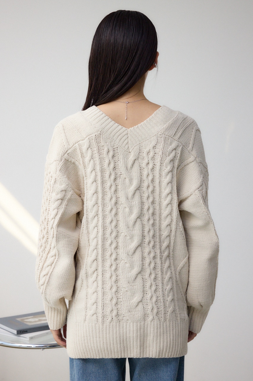 シェニールケーブルVネックロングニットトップス IVOY S