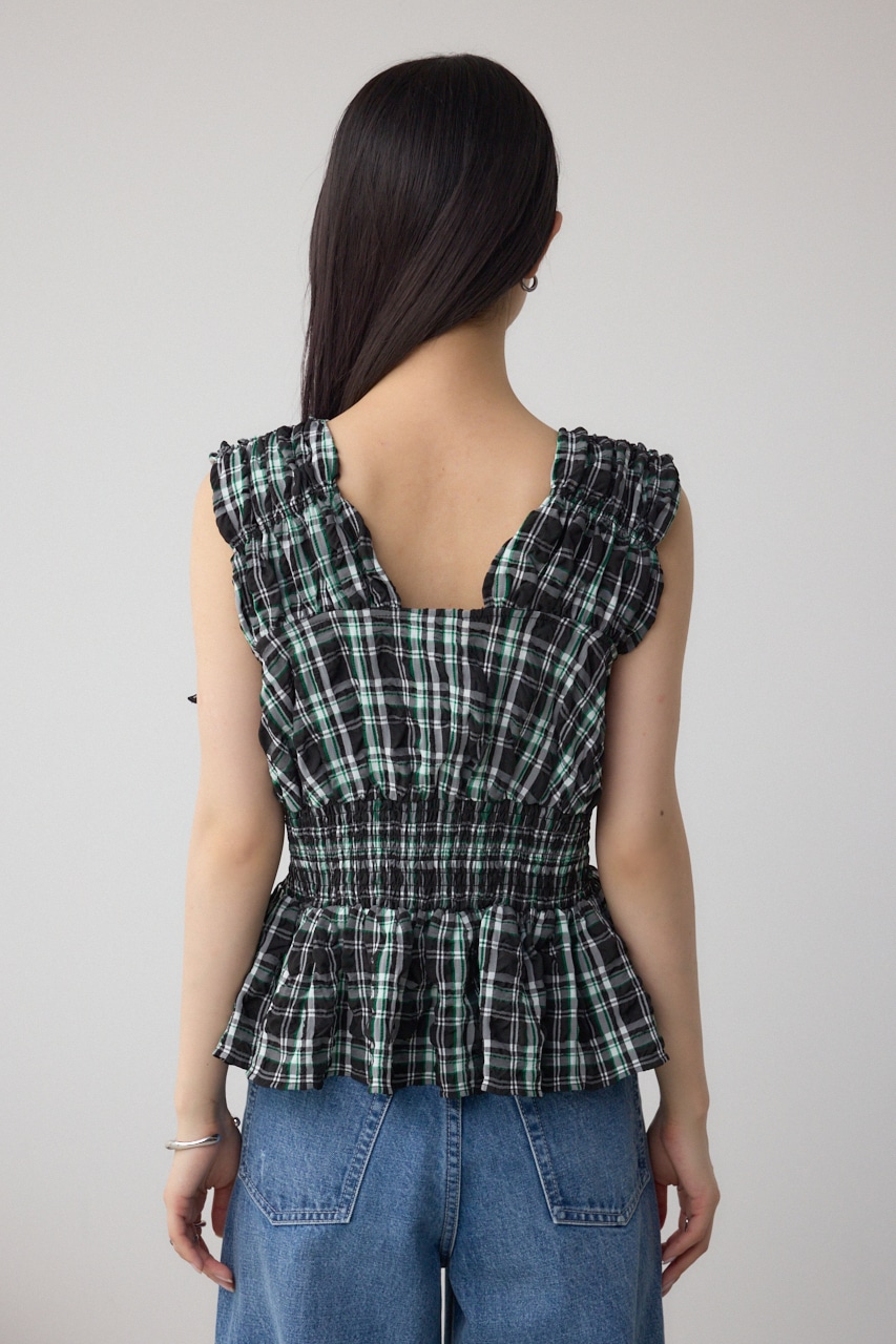 チェックシャーリングペプラムブラウス 柄BLK FREE